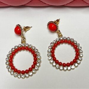 Earrings-NIP, Vintage red acrylic/clear rhinestones, dangle circles, 1.25 diam